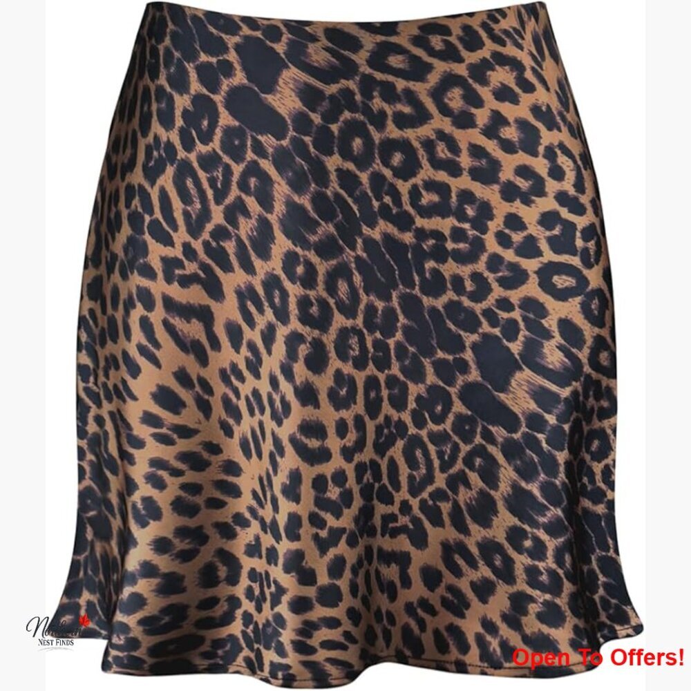 Satin Mini Skirt High Waist Elastic Leopard Print A-Line